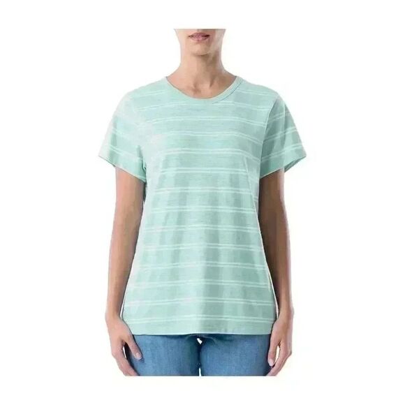 Time & Tru Women's Classic Mint/Vivid White Cotton/Poly Striped T-Shirt NEW - Picture 2 of 7